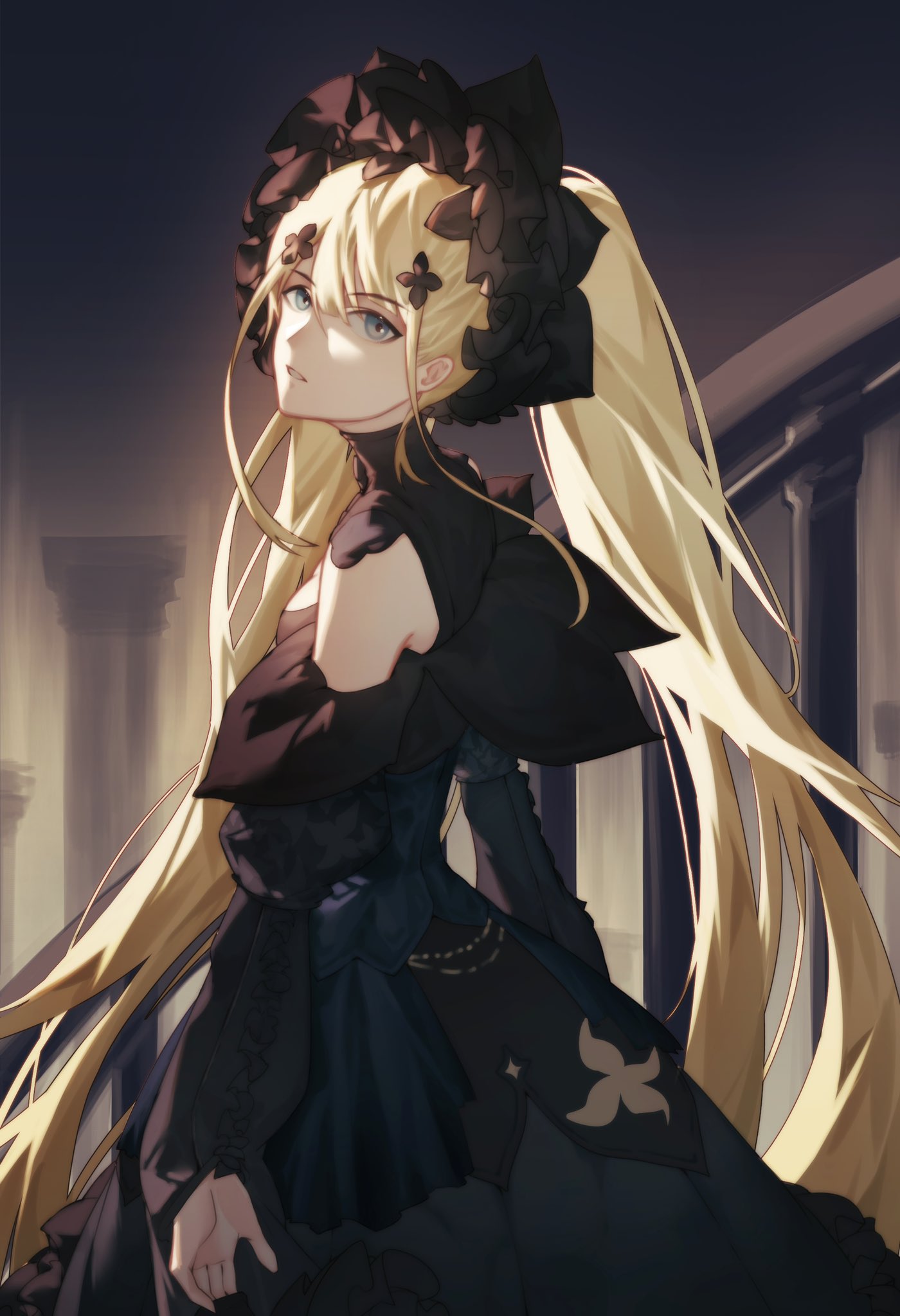 1girl alchemy_stars bangs black_dress blonde_hair blue_eyes bonnet death dress hair_ornament highres kotakun long_hair long_sleeves looking_at_viewer looking_to_the_side nina_(alchemy_stars) parted_lips sleeveless sleeveless_dress solo turtleneck_dress twintails upper_body