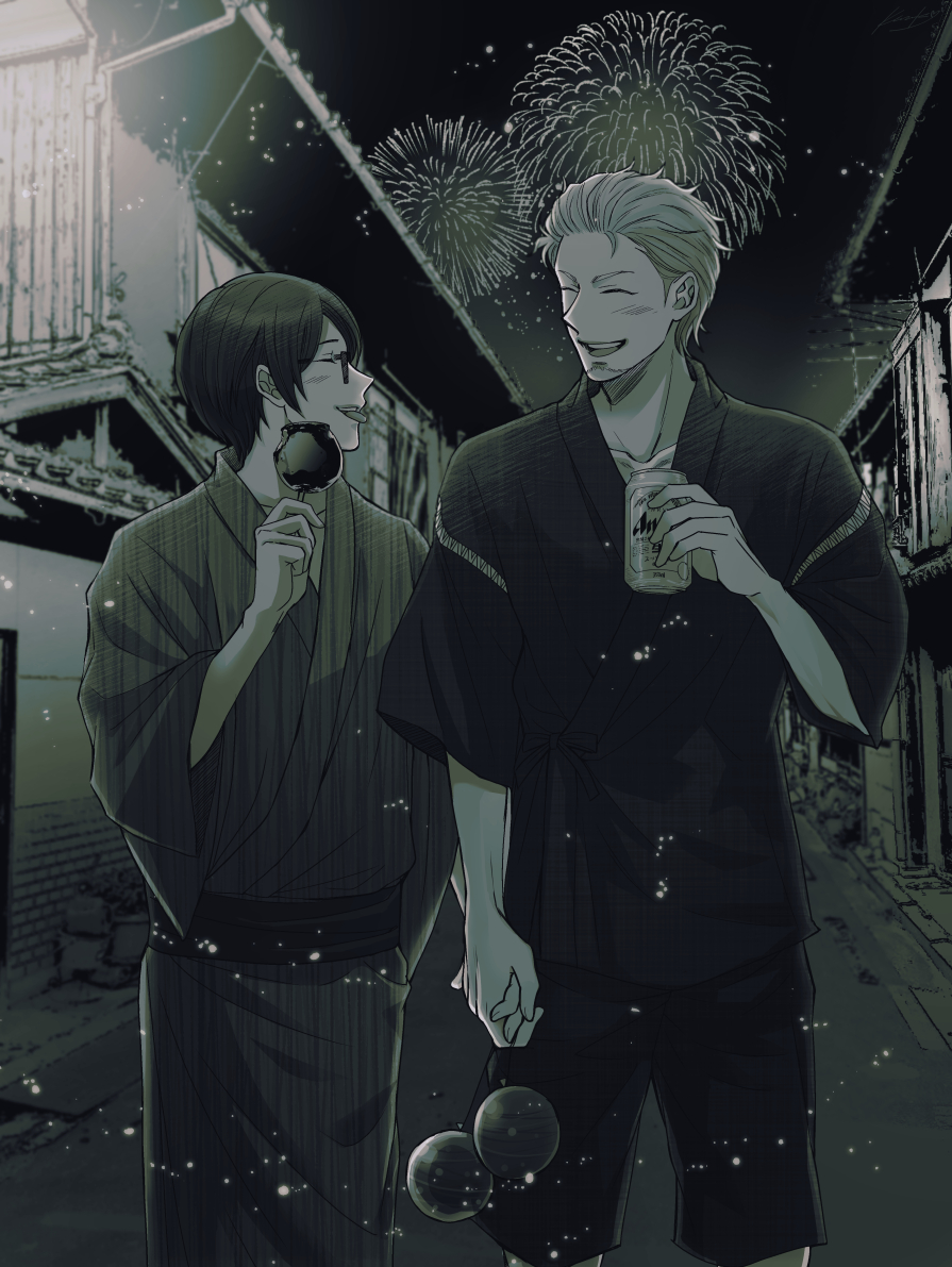 2boys aerial_fireworks beard beer_can black_hair building can candy_apple closed_eyes facial_hair facing_another festival fireworks food glasses holding_hands japanese_clothes kazuki_sara kimono male_focus monochrome multiple_boys outdoors ryman's_club short_hair standing tachibana_azuma tonozaki_shiryuu water_yoyo