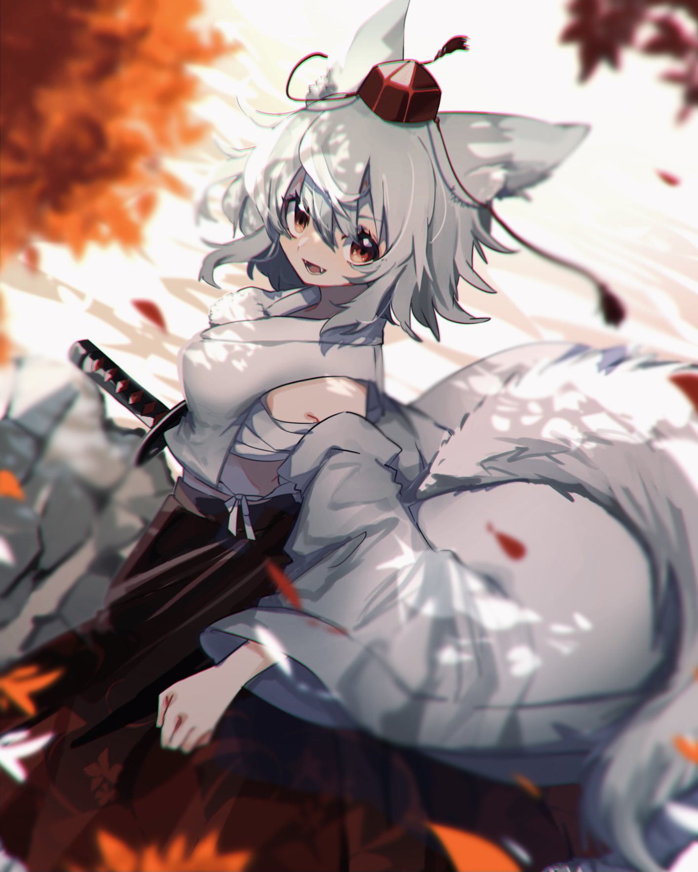 :d animal_ears ayahi_4 blurry breasts depth_of_field detached_sleeves fang hat highres inubashiri_momiji leaf looking_at_viewer open_mouth pom_pom_(clothes) red_eyes red_headwear red_skirt sarashi shirt short_hair skirt smile sword tail tokin_hat touhou weapon white_hair white_shirt wide_sleeves wolf_ears wolf_tail