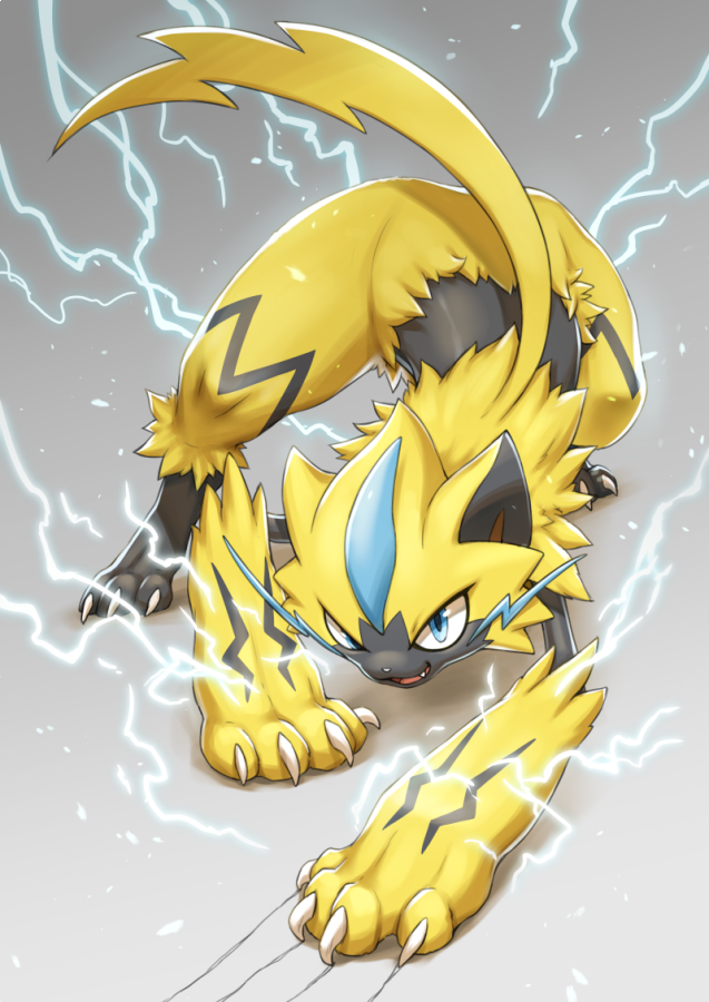 all_fours animal_focus blue_eyes claws electricity fang full_body kemonomichi_(blue_black) looking_at_viewer no_humans open_mouth pokemon pokemon_(creature) scratches solo zeraora