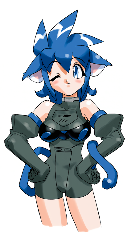 32_idol_saturn-chan animal_ears bangs black_gloves blue_eyes blue_hair blush bodysuit cat_ears cat_tail cropped_jacket elbow_gloves facing_viewer game_console gloves hands_on_hips long_hair looking_at_viewer non-web_source one_eye_closed personification product_girl saturn_(32_idol_saturn-chan) sega_saturn simple_background smile tail white_background yoshizaki_mine