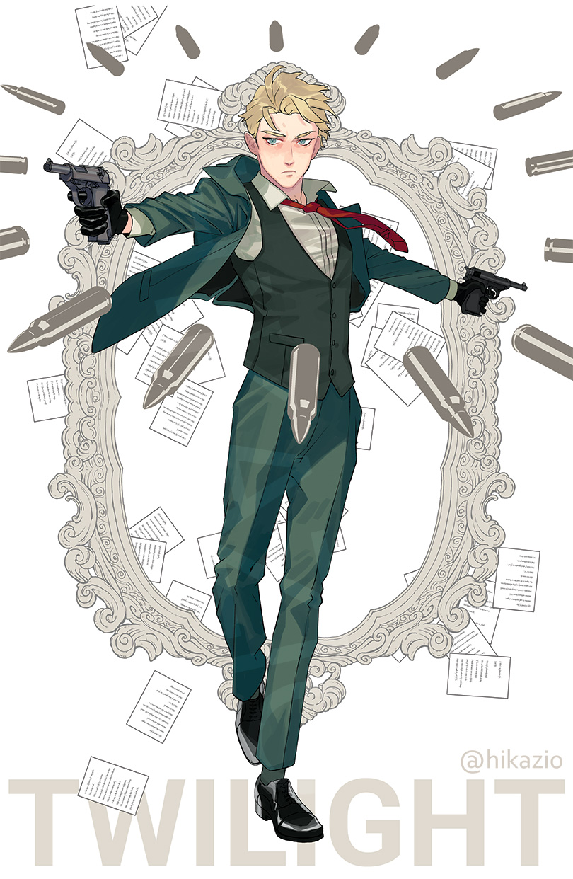 1boy bangs belt belt_buckle black_belt black_gloves blazer blonde_hair blue_eyes buckle bullet character_name closed_mouth collared_shirt dress_shirt dual_wielding english_commentary expressionless formal full_body gloves green_jacket green_pants green_vest gun handgun hands_up highres hikazio holding holding_gun holding_weapon jacket long_sleeves looking_at_viewer male_focus necktie open_clothes open_jacket pants pistol red_necktie shirt short_hair simple_background solo spy_x_family standing suit twilight_(spy_x_family) twitter_username vest vest_over_shirt waistcoat watch weapon white_background white_shirt