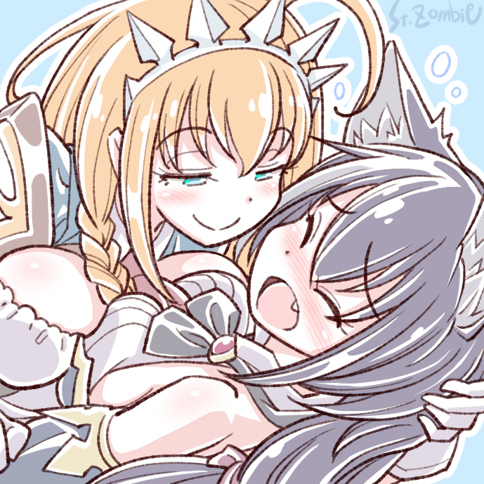 2girls animal_ear_fluff animal_ears asymmetrical_docking bangs black_hair blue_eyes blue_sleeves blush braid breast_press breasts cat_ears cat_girl closed_eyes detached_sleeves dress hair_ribbon jacket karyl_(princess_connect!) large_breasts long_hair looking_at_another low_twintails multicolored_hair multiple_girls open_mouth orange_hair pecorine_(princess_connect!) princess_connect! puffy_short_sleeves puffy_sleeves purple_jacket ribbon short_sleeves side_braid sleeveless sleeveless_dress smug streaked_hair studiozombie tiara twintails yuri