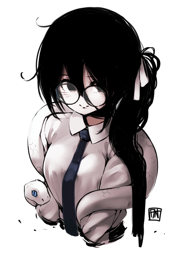 1girl angry_num animal bangs black_eyes black_hair black_necktie blue_eyes breasts closed_mouth collared_shirt commentary cropped_torso english_commentary eyebrows_behind_hair hair_between_eyes hair_over_shoulder hair_ribbon light_smile long_bangs long_hair long_sleeves looking_at_viewer medium_breasts necktie no_pupils original psd_available ribbon shirt side_ponytail simple_background slit_pupils snake solo upper_body white_background white_ribbon white_shirt