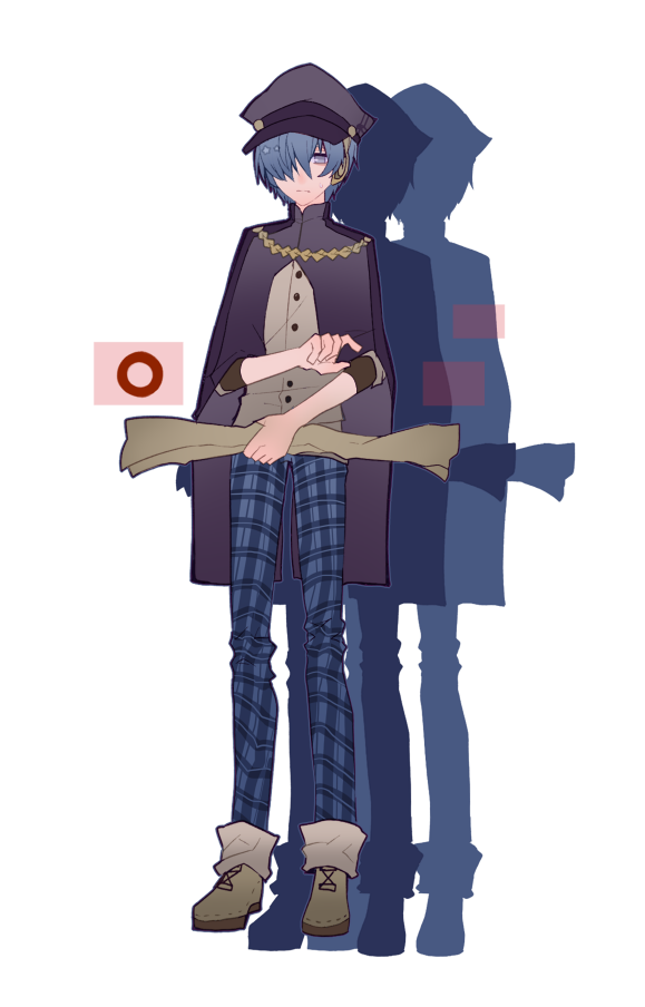 1bitheart 1boy aiguillette black_headwear blue_capelet blue_eyes blue_hair blue_pants brown_footwear buttons cabbie_hat capelet closed_mouth full_body hair_over_one_eye hat headphones holding holding_paper long_sleeves looking_at_viewer male_focus miwasiba official_art oui_yuuto pants paper plaid plaid_pants shirt shoes solo sweat transparent_background white_shirt