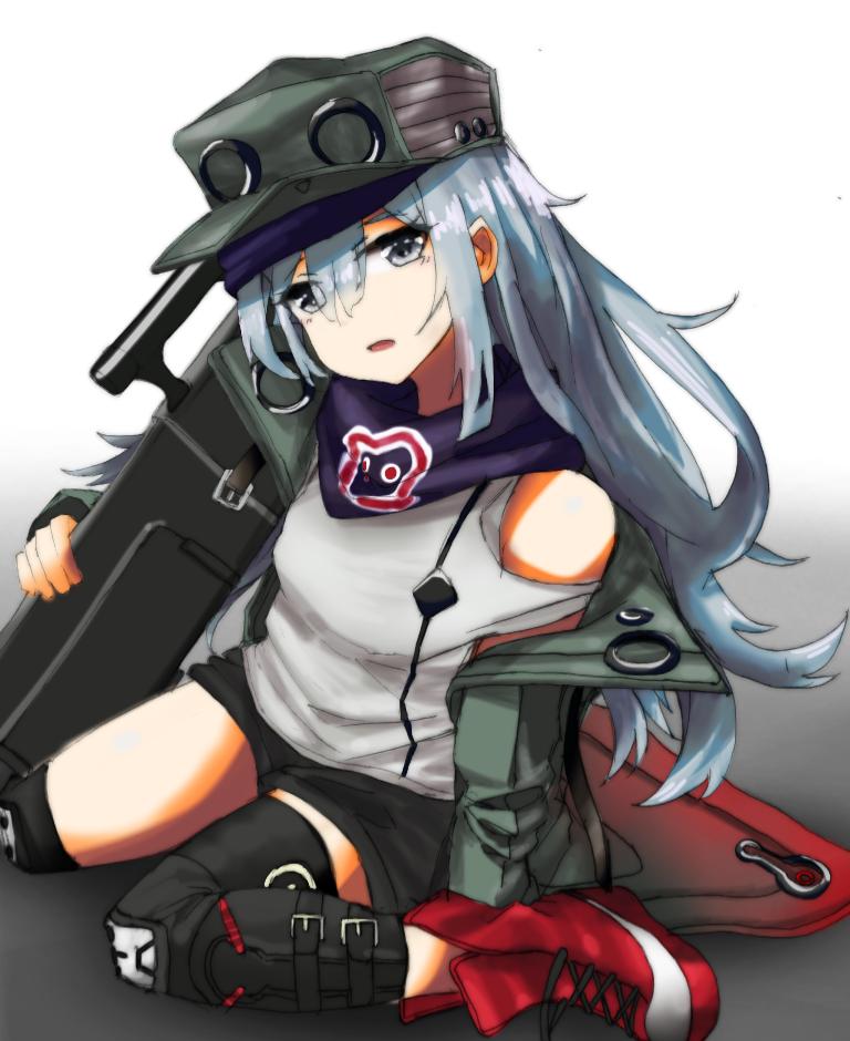 1girl assault_rifle bangs breasts feet_out_of_frame g11_(girls'_frontline) girls_frontline green_jacket grey_eyes grey_hair gun h&amp;k_g11 hair_between_eyes hat jacket knee_pads long_hair looking_at_viewer lying open_clothes open_jacket open_mouth red_footwear rifle shirt shoes sleeveless sleeveless_shirt small_breasts sneakers solo weapon yanagui