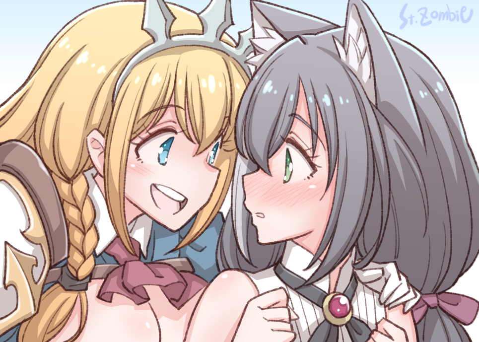 2girls animal_ear_fluff animal_ears bangs black_hair blue_eyes blush braid breasts cat_ears cat_girl detached_sleeves dress eye_contact green_eyes hair_ribbon hand_on_another's_shoulder karyl_(princess_connect!) large_breasts long_hair looking_at_another low_twintails multicolored_hair multiple_girls orange_hair pecorine_(princess_connect!) princess_connect! puffy_short_sleeves puffy_sleeves ribbon short_sleeves side_braid single_braid sleeveless sleeveless_dress streaked_hair studiozombie tiara twintails yuri