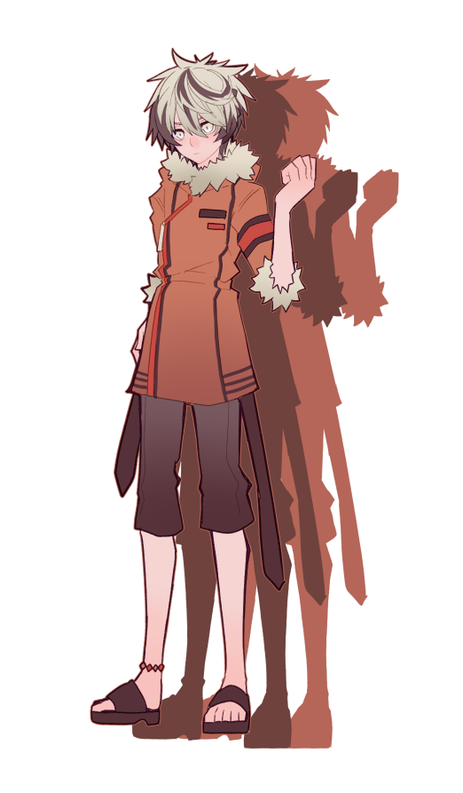 1bitheart 1boy anklet black_hair brown_footwear brown_pants coat expressionless full_body fur-trimmed_coat fur_trim hand_up jewelry long_sleeves male_focus miwasiba multicolored_hair nasuga_izuchi official_art orange_coat pants sandals solo streaked_hair transparent_background white_eyes white_hair