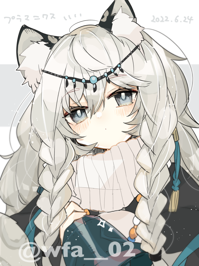 1girl animal_ear_fluff animal_ears arknights bangs bell black_cape blush cape commentary dress grey_eyes hair_between_eyes hand_up head_chain holding holding_bell itsuki_02 leopard_ears long_hair looking_at_viewer pramanix_(arknights) solo turtleneck_dress upper_body white_dress white_hair