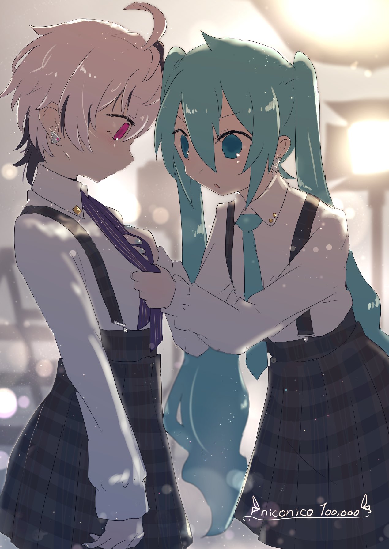 2girls adjusting_clothes adjusting_necktie aqua_eyes aqua_hair backlighting black_skirt blurry blurry_background bokeh butterfly_earrings commentary cowboy_shot depth_of_field dress_shirt earrings flower_(vocaloid) flower_(vocaloid4) hatsune_miku highres holding_necktie jewelry kisalaundry leaning_forward light_blush long_hair looking_down magnet_(vocaloid) multicolored_hair multiple_girls necktie plaid plaid_skirt pruple_necktie purple_hair shirt short_hair skirt spotlight standing streaked_hair suspender_skirt suspenders twintails uniform very_long_hair violet_eyes vocaloid white_hair white_shirt wing_earrings