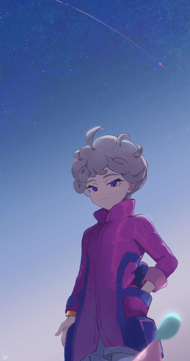 1boy ahoge bangs bede_(pokemon) closed_mouth coat commentary_request curly_hair eyelashes grey_hair gvzzgl hand_in_pocket hatenna highres male_focus night outdoors pokemon pokemon_(creature) pokemon_(game) pokemon_swsh purple_coat shooting_star short_hair sky sleeves_rolled_up star_(sky) violet_eyes watch watch