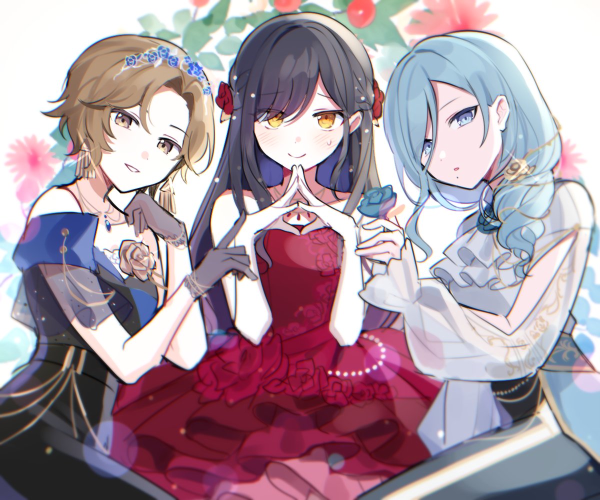 3girls bangs black_dress black_hair black_pants blue_flower blue_hair blue_rose blush brown_eyes brown_hair commentary dress elbow_gloves flower gloves golden_rose hair_flower hair_ornament hinomori_shizuku holding holding_flower long_hair long_sleeves looking_at_viewer meiko multiple_girls off-shoulder_dress off_shoulder pants parted_bangs parted_lips project_sekai red_dress red_flower red_rose rose shiraishi_an shirt short_hair sleeveless sleeveless_dress smile sparkle steepled_fingers tiara vocaloid waka_(wk4444) wedding_dress white_gloves white_shirt