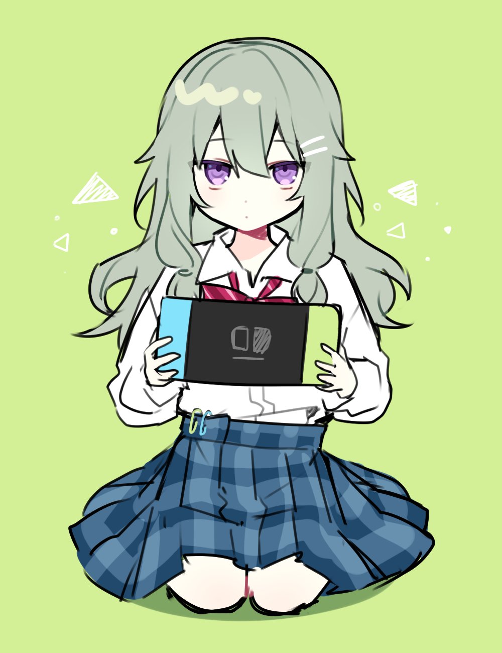 1girl bangs blue_skirt bow bowtie closed_mouth commentary diagonal-striped_bowtie green_background green_hair hair_ornament hairclip highres kamiyama_high_school_uniform_(sekai) kusanagi_nene long_hair long_sleeves looking_at_viewer low-tied_long_hair plaid plaid_skirt project_sekai red_bow red_bowtie safety_pin school_uniform shirt sidelocks skirt solo triangle violet_eyes waka_(wk4444) white_shirt younger