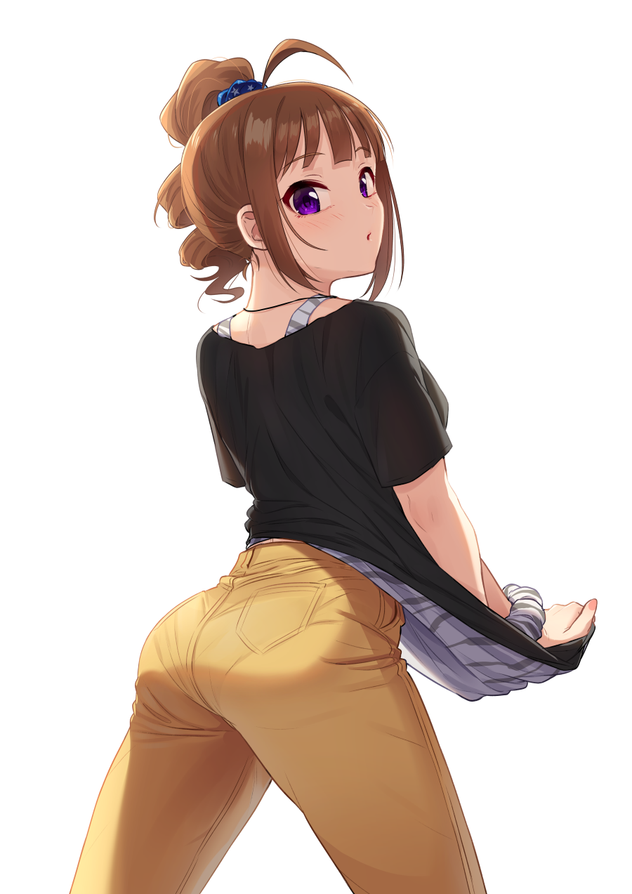 1girl ahoge animal_print ass bangs black_shirt brown_hair chestnut_mouth drill_hair eyes_visible_through_hair grey_shirt highres idolmaster idolmaster_million_live! kamille_(vcx68) light_blush long_hair looking_back pants pantylines scrunchie shirt shirt_tug short_sleeves side_ponytail sidelocks solo thighs violet_eyes white_background wrist_scrunchie yellow_pants yokoyama_nao zebra_print