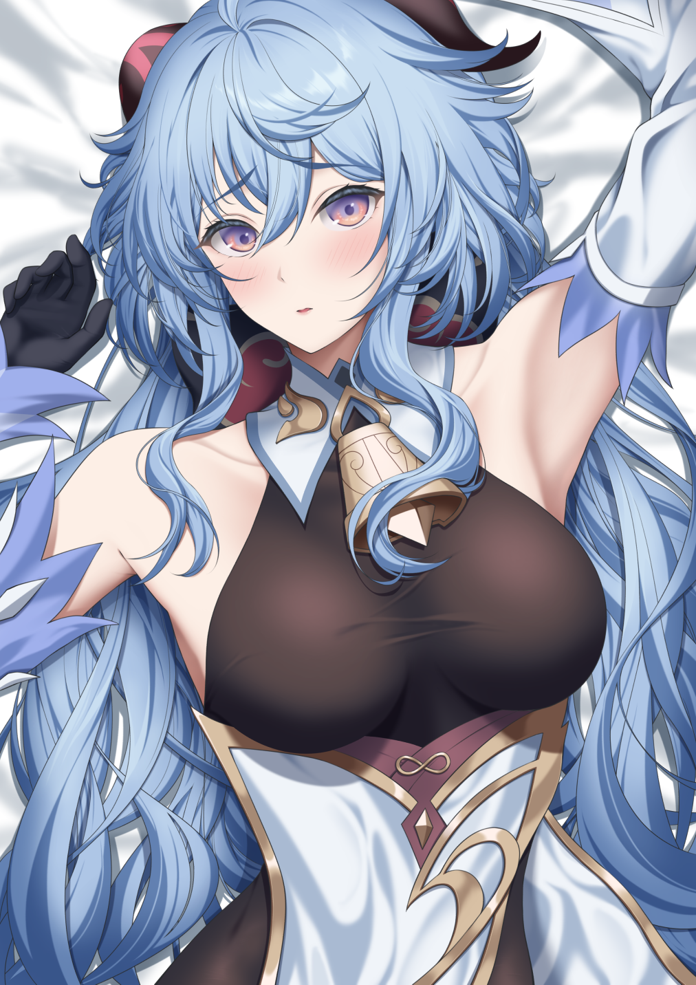 1girl armpits arms_up bangs bed_sheet bell black_gloves blue_hair blush breasts commentary ganyu_(genshin_impact) genshin_impact gloves highres horns kikata_(hata_nanokana) long_hair looking_at_viewer lying medium_breasts neck_bell on_back sidelocks solo upper_body very_long_hair violet_eyes