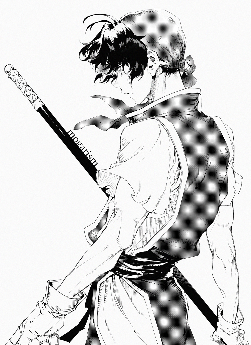 1boy arms_at_sides closed_mouth cowboy_shot floating_clothes floating_hair from_behind gensou_suikoden gensou_suikoden_i gloves head_scarf highres holding holding_pole holding_weapon looking_away male_focus monochrome onitobico pants pole sash shirt short_hair short_sleeves simple_background solo tabard tir_mcdohl weapon