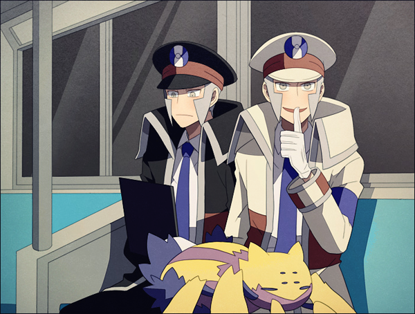 2boys black_coat black_headwear blue_necktie coat collared_shirt dress_shirt emmet_(pokemon) finger_to_mouth galvantula gloves grey_eyes grey_hair hand_up hat high_collar index_finger_raised ingo_(pokemon) jaho long_sideburns long_sleeves male_focus multiple_boys necktie on_lap peaked_cap pokemon pokemon_(creature) pokemon_(game) pokemon_bw pokemon_on_lap shirt short_hair shushing sideburns sitting train_interior trench_coat white_coat white_gloves white_headwear white_shirt window