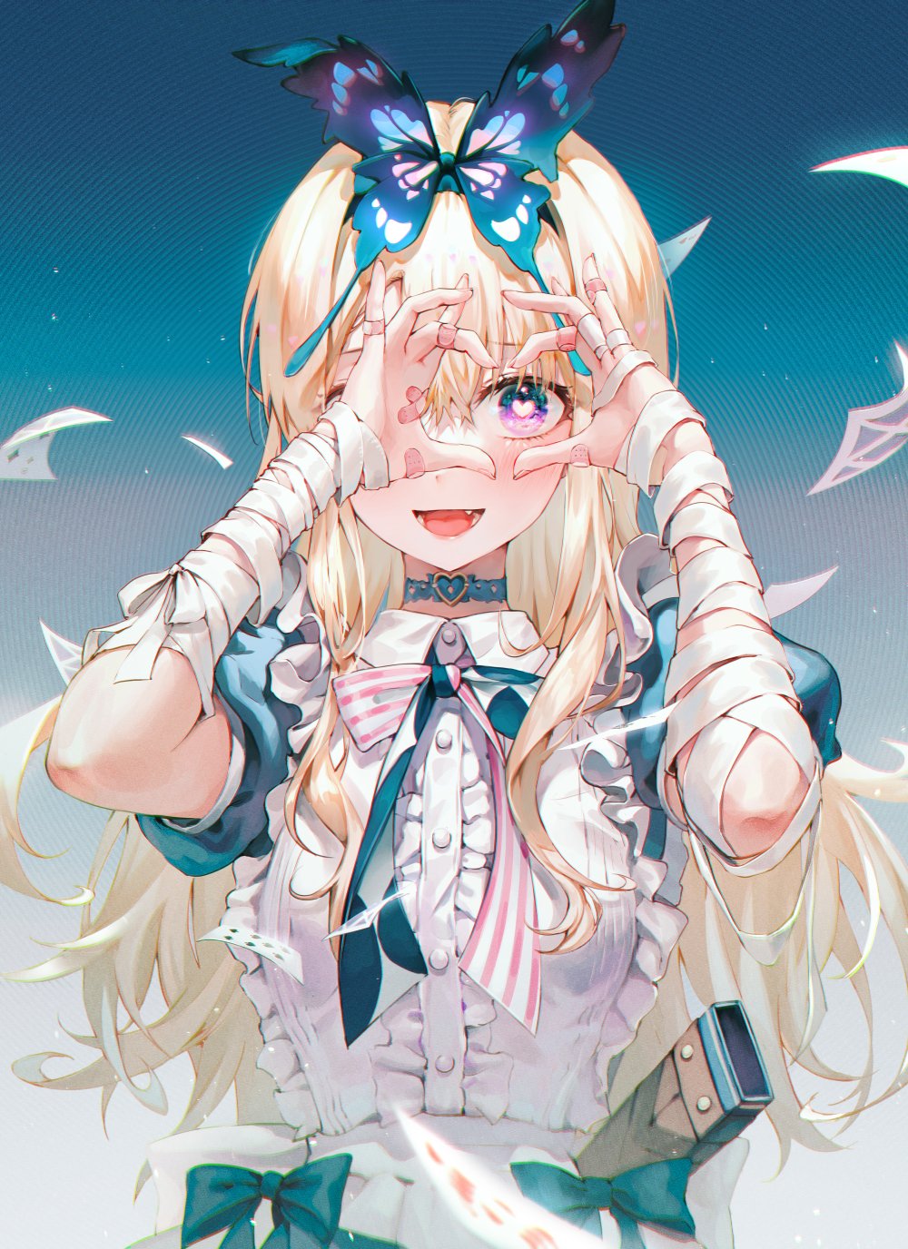 1girl alice_(grimlight) apron arms_up back_bow bandaged_arm bandages bandaid bandaid_on_hand bangs blonde_hair blue_background blue_bow blue_bowtie blue_choker blue_dress blue_hairband blush bow bowtie breasts butterfly_hair_ornament butterfly_wings buttons card choker collared_dress dress dress_bow eyes_visible_through_hair fang fangs fingernails frills gradient gradient_background grey_background grey_bow grimlight hair_between_eyes hair_ornament hairband hands_up heart heart_hands heart_in_eye highres long_fingernails long_hair looking_at_viewer medium_breasts multicolored_bow multicolored_bowtie multicolored_eyes nail_polish one_eye_covered open_mouth pink_bow pink_bowtie pink_eyes pink_nails puffy_short_sleeves puffy_sleeves short_sleeves smile solo standing striped striped_bow striped_bowtie sword symbol_in_eye teeth tokkyu tongue violet_eyes weapon white_apron white_bow wings