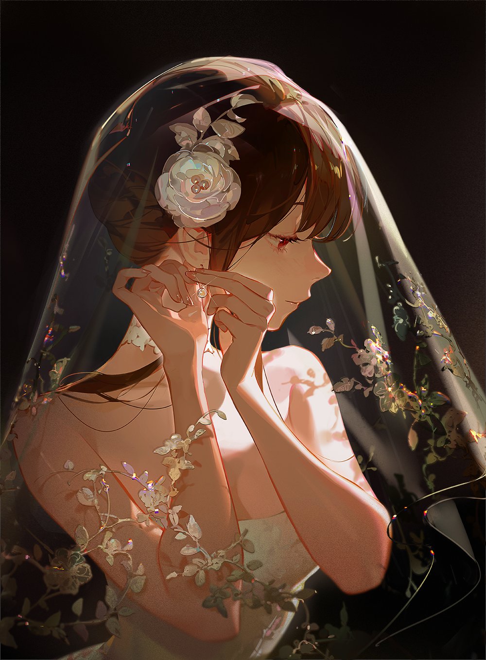 1girl ask_(askzy) bangs black_hair bridal_veil closed_mouth commentary dress earrings english_commentary flower hair_flower hair_ornament highres jewelry red_eyes solo spy_x_family veil wedding_dress white_dress yor_briar