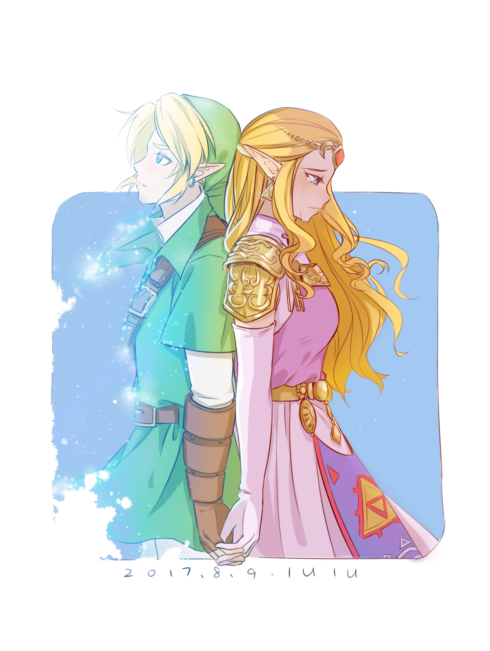 1boy 1girl armor artist_name belt blonde_hair blue_eyes breasts crying dated dress earrings elbow_gloves fingerless_gloves gloves green_headwear hat highres interlocked_fingers jewelry link long_hair medium_breasts pink_dress pointy_ears princess_zelda ruru_(lulubuu) shoulder_armor streaming_tears tears the_legend_of_zelda the_legend_of_zelda:_ocarina_of_time tunic