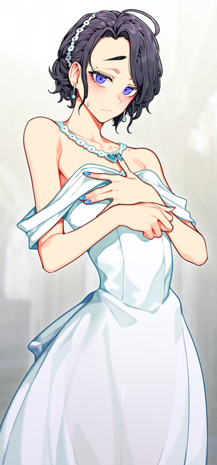 1boy black_hair blue_eyes crossdressing dress earrings highres indie_virtual_youtuber jewelry kushizaki_(vtuber) male_focus nail_polish necklace off_shoulder otoko_no_ko solo st_(youx1119) virtual_youtuber wedding_dress