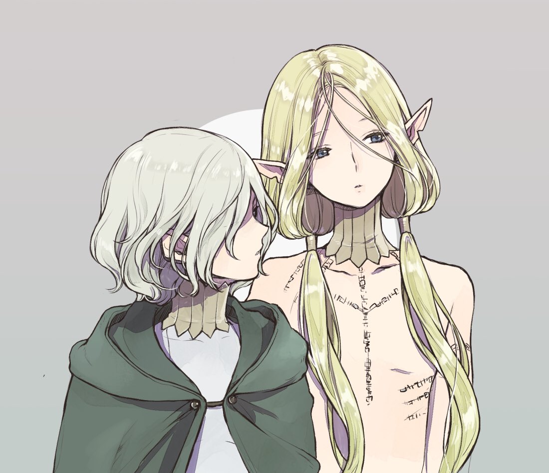 2boys arm_tattoo chest_tattoo cloak dungeon_meshi elf gorget green_cloak grey_background grey_eyes grey_hair hair_around_ear hair_between_eyes hair_over_shoulder hair_tubes hood hood_down hooded_cloak long_hair looking_afar looking_away looking_to_the_side low_twintails lycion male_focus mithrun multiple_boys notched_ear pointy_ears sami_(3a3i3a3i) short_hair tattoo topless_male twintails upper_body