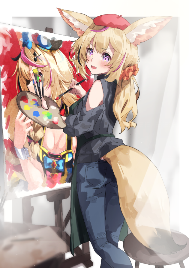 1girl animal_ear_fluff animal_ears bangs beret black_hair black_shirt blonde_hair blue_pants blush canvas_(object) clothing_cutout fox_ears fox_girl fox_tail hat holding holding_paintbrush holding_palette hololive long_hair long_sleeves looking_at_viewer looking_back multicolored_hair omaru_polka open_mouth paintbrush painting_(action) palette_(object) pants pink_hair red_headwear shirt shoulder_cutout solo streaked_hair tail tsushi violet_eyes virtual_youtuber