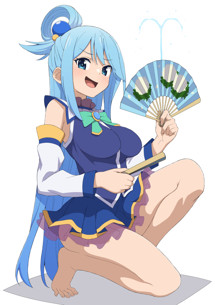 1girl aqua_(konosuba) bare_legs barefoot blue_eyes blue_hair breasts detached_sleeves doyagao folding_fan hair_rings hand_fan kono_subarashii_sekai_ni_shukufuku_wo! large_breasts long_hair one_knee salpin smug solo very_long_hair water white_background