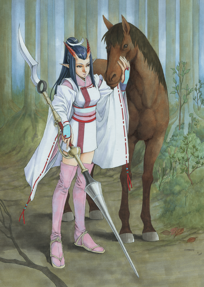 1girl aritani_mahoro black_hair forest full_body highres holding holding_weapon horns horse japanese_clothes nature oni_horns original pointy_ears polearm ponytail sandals solo standing traditional_media tree weapon wide_sleeves