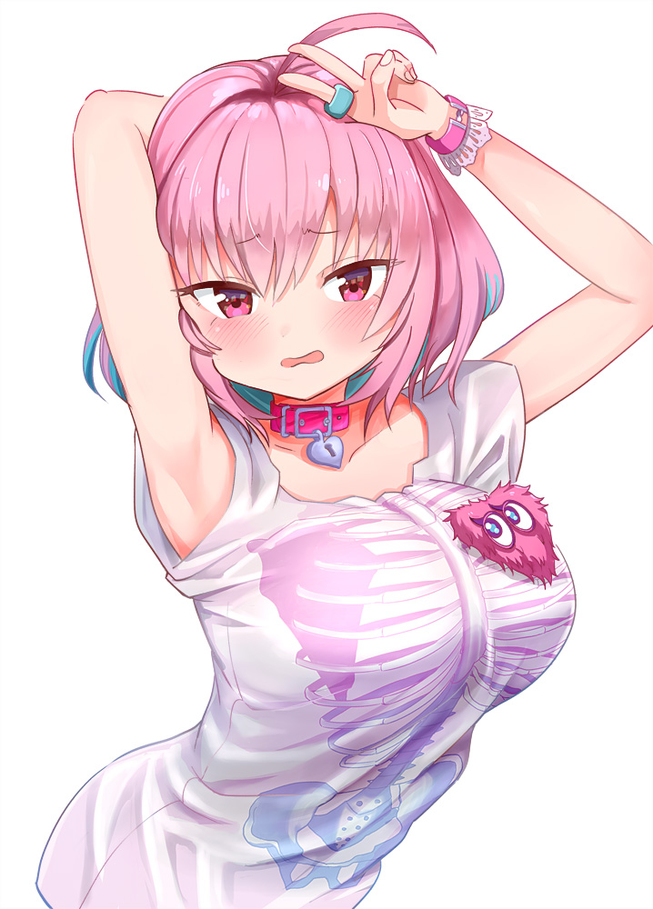 1girl ahoge arm_behind_head armpits arms_up bangs blue_hair blush bob_cut collar commentary fang frown hair_intakes hand_on_own_head heart-shaped_lock heart_collar heart_on_chest idolmaster idolmaster_cinderella_girls jewelry kemu_(guruguru_dan) leaning_forward looking_at_viewer multicolored_hair open_mouth pink_collar pink_eyes pink_hair pink_wristband print_shirt ring shirt short_hair simple_background skeleton_print solo standing t-shirt two-tone_hair upper_body v wavy_mouth white_background white_shirt yumemi_riamu