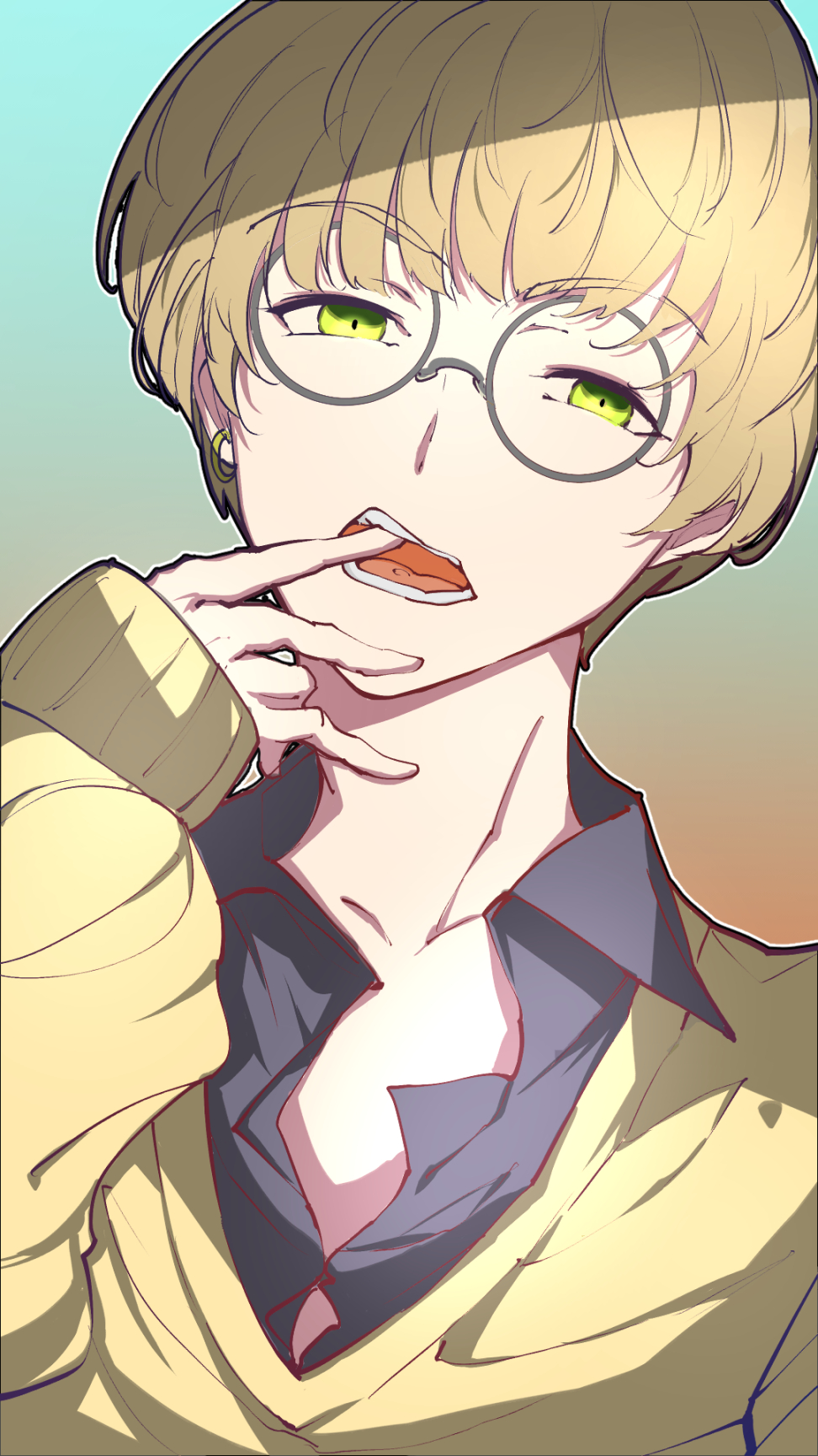 1boy black_shirt blonde_hair bowl_cut earrings finger_in_own_mouth glasses gradient gradient_background green_eyes highres hizaki_gamma_(artist) jewelry looking_at_viewer male_focus open_collar open_mouth original outline round_eyewear shirt short_hair single_earring sleeves_past_wrists solo sweater teeth upper_body v-neck white_outline yellow_sweater
