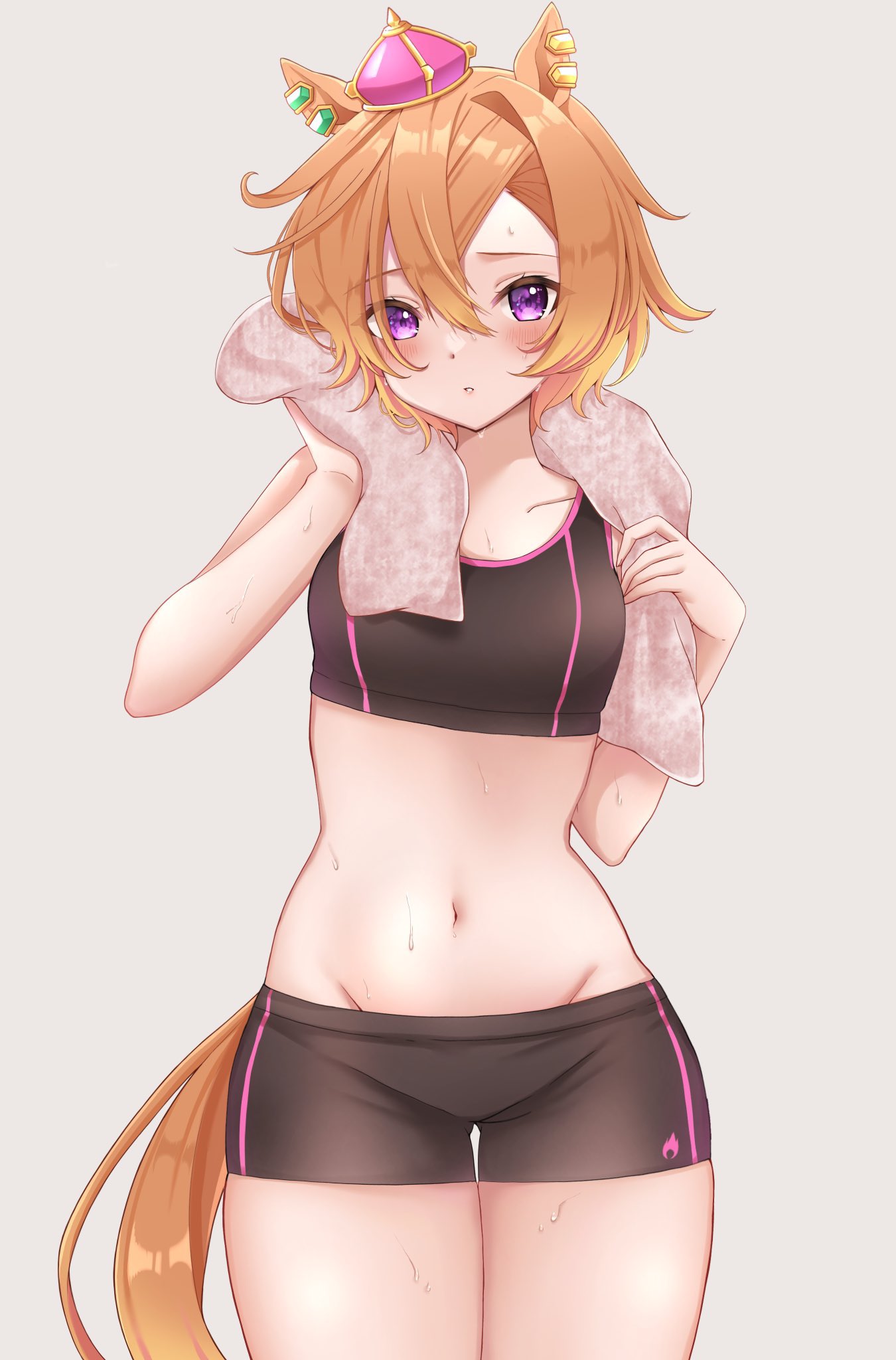 1girl animal_ears bangs bare_arms bare_legs bare_shoulders breasts clothes_lift highres holding holding_towel horse_ears horse_girl horse_tail looking_at_viewer opera_love_0403 orange_hair short_hair solo sports_bra sportswear stomach sweater sweater_lift t.m._opera_o_(umamusume) tail towel umamusume violet_eyes