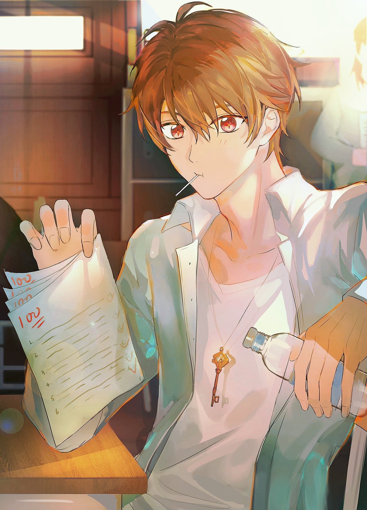 1boy antenna_hair bangs blush bottle brown_eyes brown_hair candy chinese_commentary collarbone collared_shirt commentary_request crossed_bangs crosshair_pupils desk elbow_on_table food food_in_mouth hair_between_eyes hands_up highres holding holding_bottle holding_paper indoors key_necklace laoyepo lollipop looking_at_viewer luke_pearce_(tears_of_themis) male_focus open_clothes open_shirt paper school_desk shirt short_hair sidelocks solo_focus tears_of_themis test water_bottle white_shirt