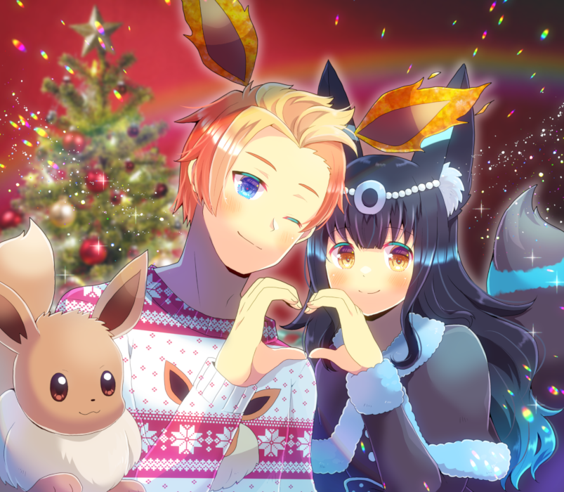 1boy 1girl ;) animal_ears bangs black_capelet black_hair black_jacket blonde_hair blue_eyes blue_hair blurry blurry_background blush brown_eyes capelet christmas_ornaments christmas_tree closed_mouth commentary_request commission copyright_request crossover depth_of_field eevee forehead fur-trimmed_capelet fur-trimmed_sleeves fur_trim gradient_hair heart heart_hands heart_hands_duo jacket kou_hiyoyo long_hair long_sleeves looking_at_viewer multicolored_hair one_eye_closed pokemon pokemon_(creature) skeb_commission smile star_(symbol) sweater tail unmoving_pattern virtual_youtuber white_sweater