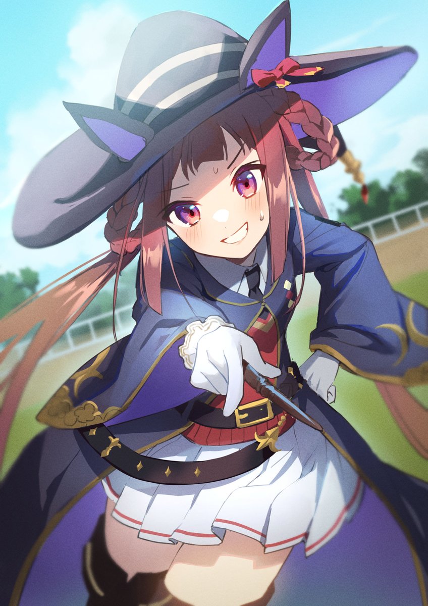 1girl animal_ears belt blurry blurry_background blush commentary gloves grin hair_rings hat highres horse_ears horse_girl konatsu_hare long_hair looking_at_viewer necktie pointing pointing_at_viewer racetrack smile solo sweep_tosho_(umamusume) twintails umamusume violet_eyes witch_hat