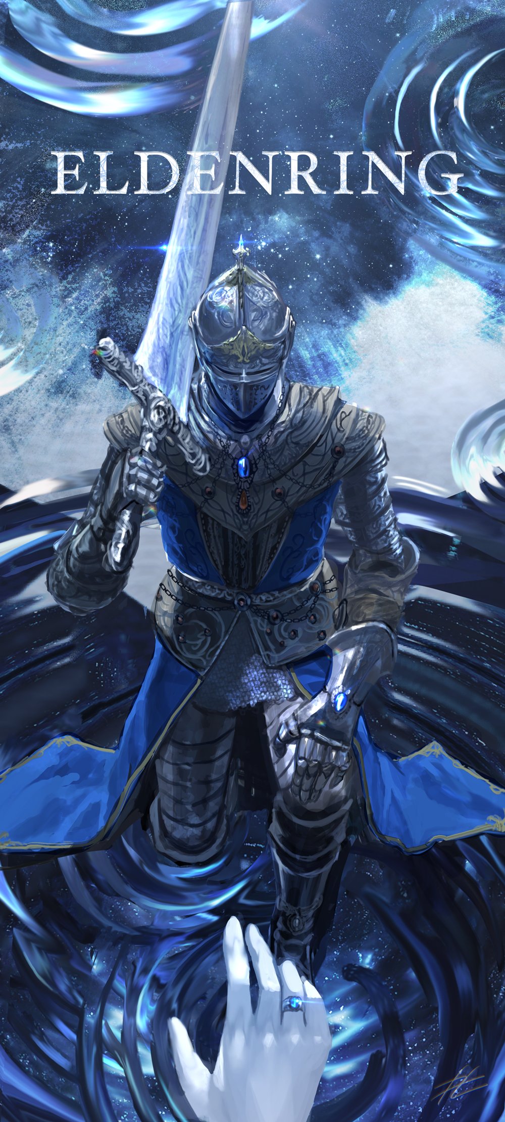 1girl 1other ambiguous_gender armor blue_skin carian_knight_(elden_ring) colored_skin commentary copyright_name elden_ring english_commentary full_armor gauntlets greatsword helmet highres holding holding_sword holding_weapon jewelry moonlight_greatsword mrpk one_knee out_of_frame over_shoulder pendant pov pov_hands ranni_the_witch ring sword sword_over_shoulder tarnished_(elden_ring) weapon weapon_over_shoulder wedding_ring