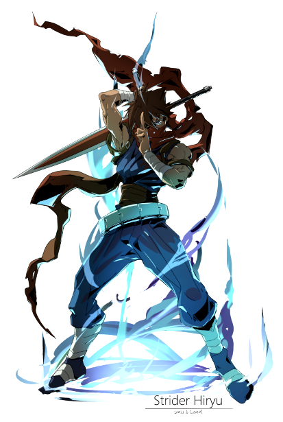1boy arm_up armband armpits aura bandaged_arm bandaged_leg bandages bare_shoulders belt character_name hair_between_eyes hand_gesture holding holding_sword holding_weapon long_scarf male_focus ninja osanpogakari red_scarf scarf solo standing strider_(video_game) strider_hiryuu sword torn torn_clothes torn_scarf weapon wind