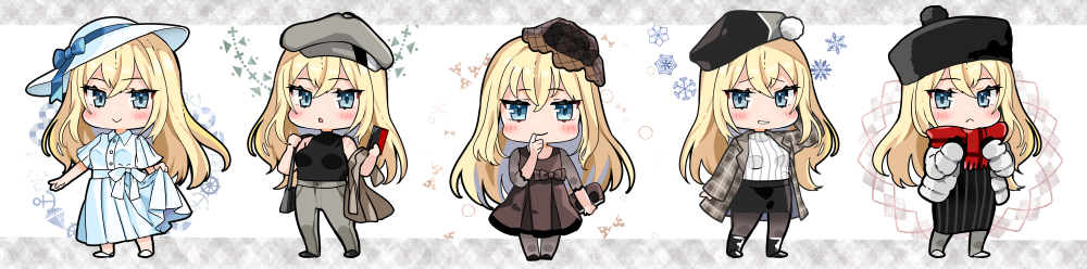 1girl alternate_costume bismarck_(kancolle) black_dress black_headwear black_skirt blonde_hair blue_eyes blush brown_dress closed_mouth commission dress full_body grey_pants hair_between_eyes hat jacket kantai_collection long_hair multiple_views open_clothes open_jacket open_mouth pants pencil_skirt red_scarf ribbed_sweater scarf short_sleeves skeb_commission skirt smile striped striped_dress sweater vertical-striped_dress vertical_stripes white_dress white_headwear white_jacket white_sweater yunamaro