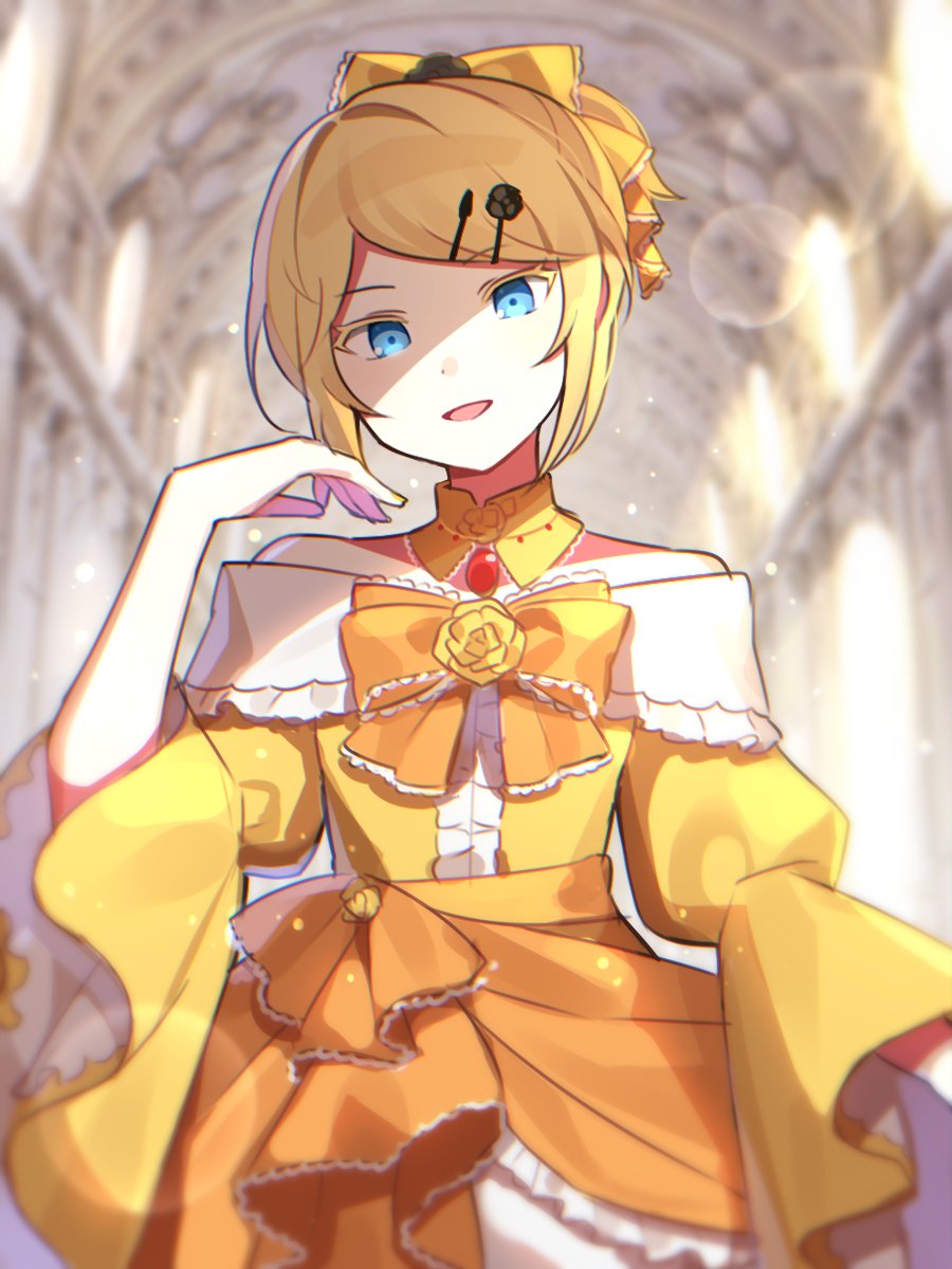 1girl aku_no_musume_(vocaloid) bare_shoulders blonde_hair bow bowtie castle_interior colored_eyelashes commentary_request detached_collar dress flower frilled_sleeves frills hair_bow hair_ornament hairclip high_ponytail highres indoors kagamine_rin light_particles long_sleeves neck_flower off-shoulder_dress off_shoulder orange_bow orange_bowtie riliane_lucifen_d'autriche rose sidelocks solo sunlight vocaloid waka_(wk4444) wide_sleeves yellow_dress yellow_flower yellow_rose