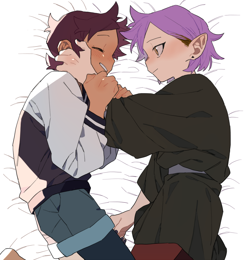 2girls amity_blight black_nails brown_hair couple dayama denim denim_shorts hand_on_another's_face jacket legwear_under_shorts letterman_jacket light_blush looking_at_another luz_noceda multiple_girls on_bed pantyhose pointy_ears purple_hair short_hair shorts smile the_owl_house yellow_eyes yuri