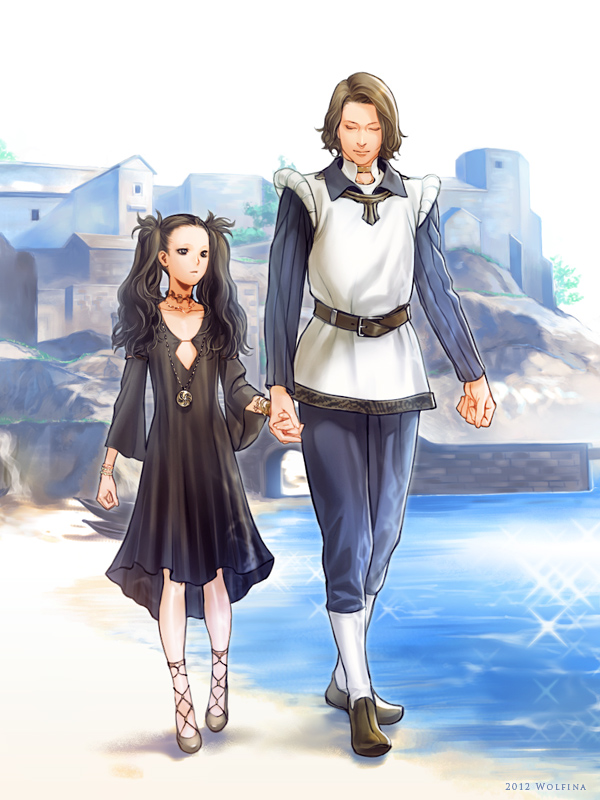 1boy 1girl 2012 artist_name barnaby_(dragon's_dogma) beach belt black_dress black_eyes black_hair bracelet brown_belt brown_footwear brown_hair building cliff closed_eyes closed_mouth dragon's_dogma dress flat_chest holding_hands jewelry long_sleeves necklace no_eyebrows outdoors sand selene_(dragon's_dogma) shoes short_hair smile twintails water wolfina
