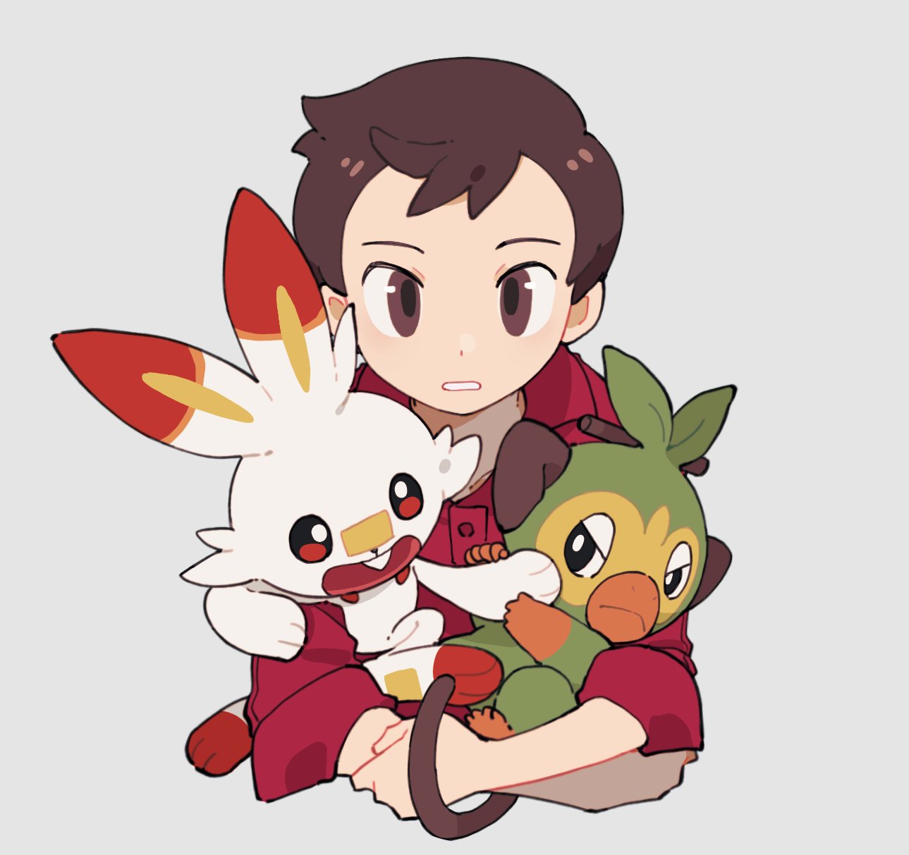 1boy bangs brown_eyes brown_hair buttons commentary_request grookey highres holding holding_pokemon jiugong_chi male_focus parted_lips pokemon pokemon_(creature) pokemon_(game) pokemon_swsh red_shirt scorbunny shirt short_hair sleeves_rolled_up upper_body victor_(pokemon)