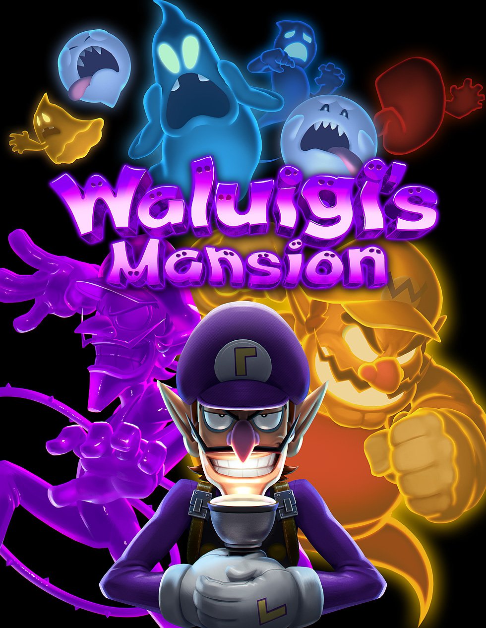 1boy black_background boo_(mario) cover facial_hair gaku_kumatori ghost gloves grin highres holding long_nose long_sleeves looking_at_viewer luigi's_mansion male_focus mustache pointy_ears purple_headwear simple_background smile super_mario_bros. video_game_cover waluigi wario white_gloves