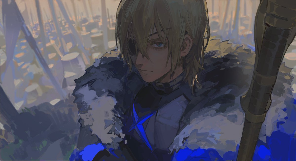 1boy bangs blonde_hair blue_eyes chinese_commentary ciloranko clothing_request commentary_request crossed_bangs dimitri_alexandre_blaiddyd eyepatch facing_viewer fire_emblem fire_emblem:_three_houses from_above fur_collar hair_between_eyes hair_over_eyes male_focus medium_hair serious sidelocks solo upper_body
