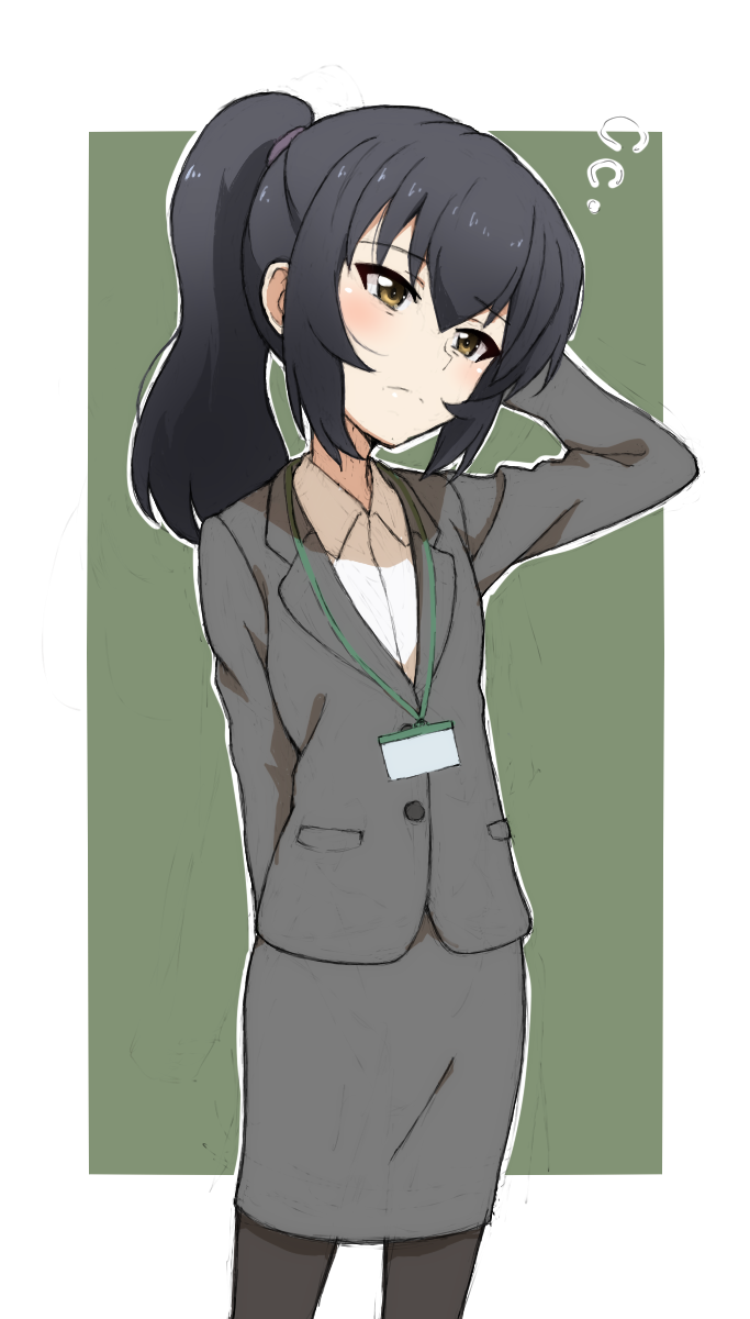 1girl alternate_hairstyle arm_behind_back arm_up bangs black_hair black_legwear blazer brown_eyes closed_mouth commentary commission cosplay cowboy_shot dress_shirt formal frown girls_und_panzer green_background grey_jacket grey_skirt hair_up half-closed_eyes hand_in_own_hair head_tilt highres igarashi_futaba_(shiromanta) igarashi_futaba_(shiromanta)_(cosplay) jacket kayabakoro lanyard long_hair looking_to_the_side miniskirt outline outside_border pantyhose pencil_skirt ponytail reizei_mako senpai_ga_uzai_kouhai_no_hanashi shirt skirt skirt_suit sleepy solo standing suit white_outline white_shirt wing_collar