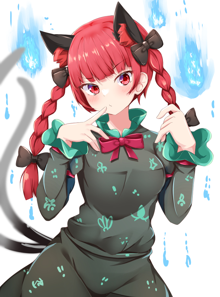 1girl animal_ear_fluff animal_ears bangs black_bow blue_fire blush bow bowtie braid breasts cat_ears cat_tail closed_mouth commentary_request dress fire frills grey_dress hair_bow hands_up juliet_sleeves kaenbyou_rin long_hair long_sleeves looking_away medium_breasts multiple_tails pink_bow pink_bowtie pointing puffy_sleeves red_eyes redhead rururiaru simple_background solo standing tail touhou twin_braids two_tails white_background