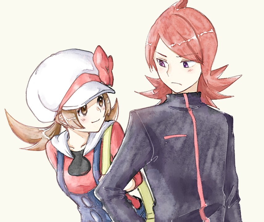 1boy 1girl asuka_rkgk bag blush bow brown_hair cabbie_hat collarbone hair_bow hand_on_hip hat long_sleeves looking_at_another lyra_(pokemon) overalls pokemon pokemon_(game) pokemon_hgss redhead silver_(pokemon) simple_background smile twintails upper_body