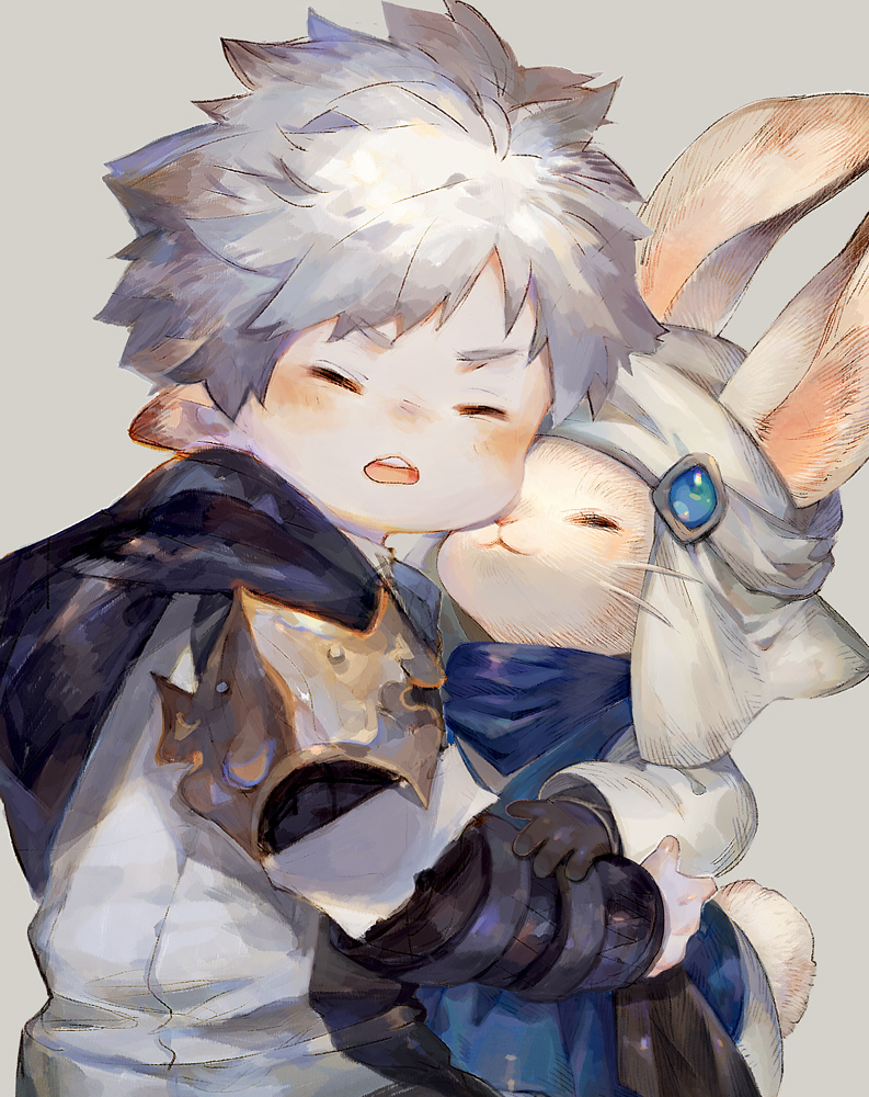 1boy 1other androgynous animal_ears avatar_(ff14) black_gloves closed_eyes facing_viewer final_fantasy final_fantasy_xiv from_side furry gloves grey_background grey_hair hand_on_another's_arm hug lalafell long_sleeves loporrit one_eye_covered open_mouth pointy_ears rabbit_ears rabbit_tail shirt short_hair simple_background smile tail turban upper_body v-shaped_eyebrows whiskers white_headwear white_shirt xioiri