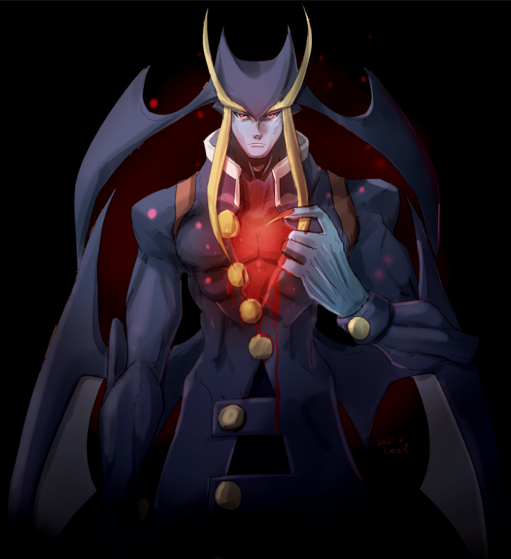 1boy abs bleeding blood blood_on_clothes blue_skin closed_mouth coat collarbone colored_skin covered_abs covered_collarbone demon_wings fingernails glowing glowing_eyes head_wings jedah_dohma long_fingernails looking_at_viewer low_wings male_focus osanpogakari purple_coat red_eyes sharp_fingernails solo vampire_(game) very_long_fingernails wings