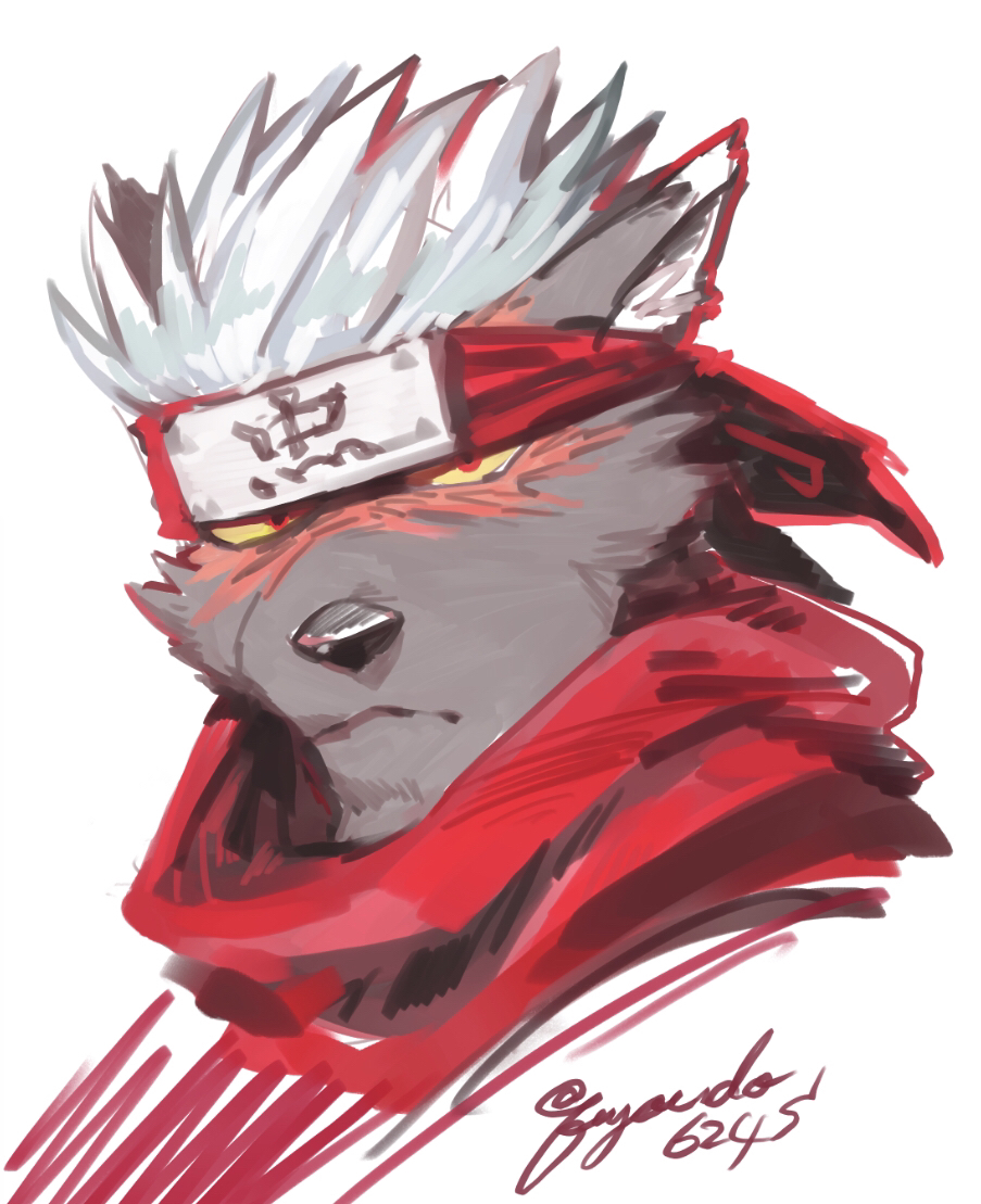 1boy animal_ears colored_sclera commentary_request dog_boy dog_ears forehead_protector frown furry furry_male fuyodo male_focus ninja portrait red_eyes red_scarf scar scar_on_face scarf short_hair signature solo tadatomo_(housamo) tokyo_afterschool_summoners twitter_username white_hair yellow_sclera